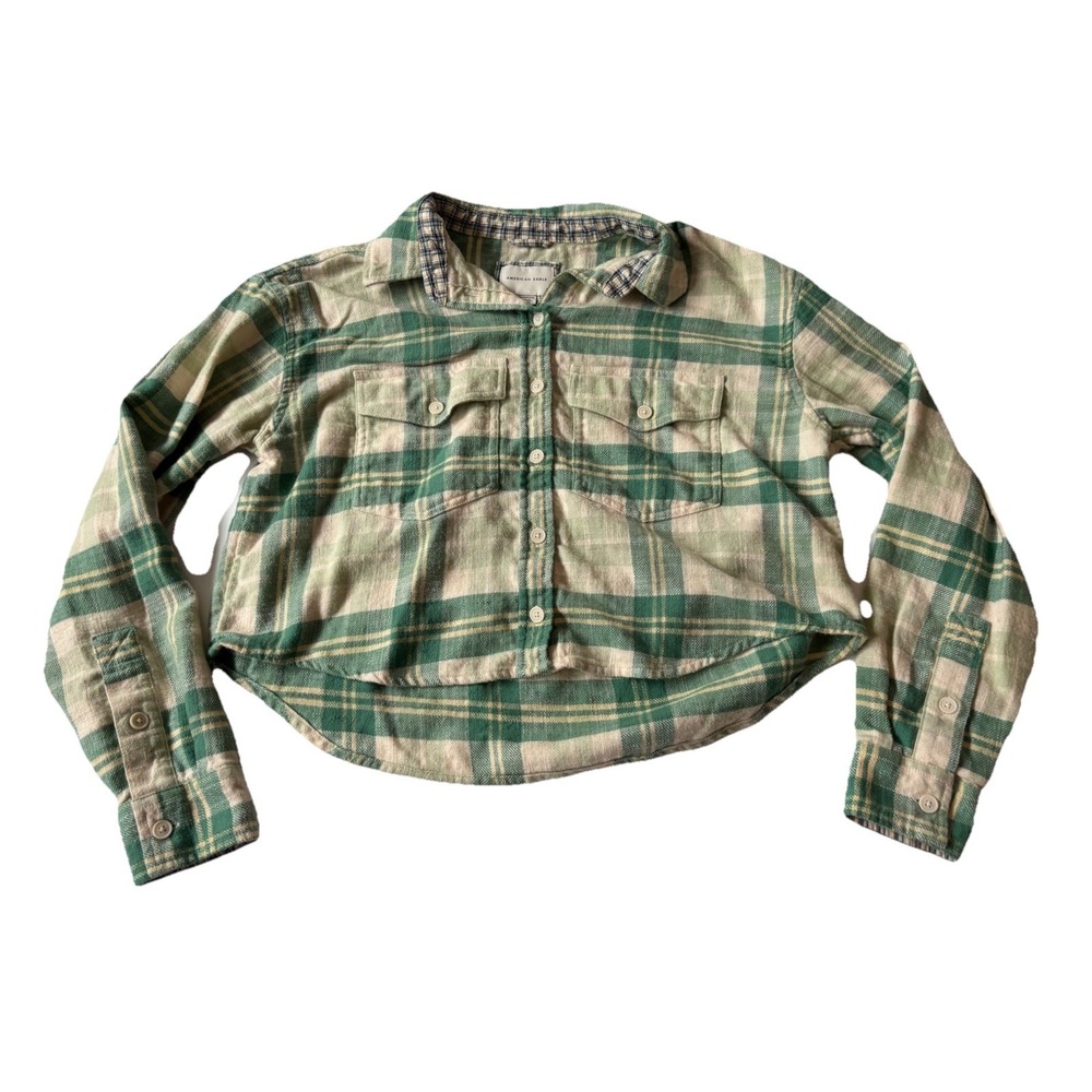 American Eagle By Payless Green and Beige Plaid Button-Down Shirt